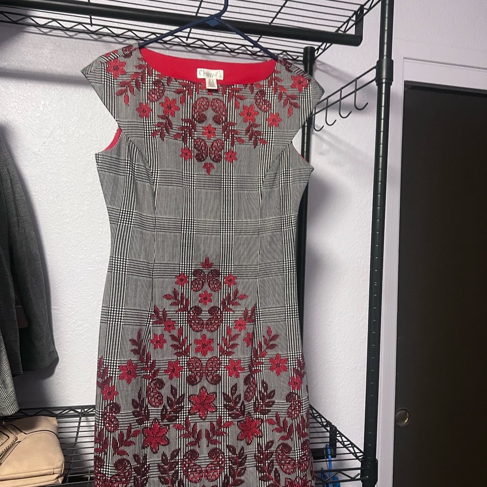 Maggy London Red and Gray Plaid Midi Dress